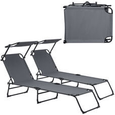 2er Set Sonnenliege Lomeda mit Sonnendach 187x53x27cm Dunkelgrau