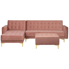 Schlafsofa Samtstoff rosa rechtsseitig mit Ottomane ABERDEEN