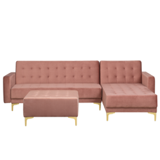 Schlafsofa Samtstoff rosa linksseitig mit Ottomane ABERDEEN