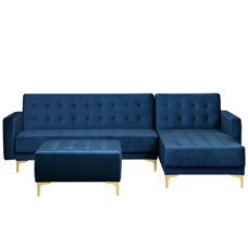 Schlafsofa Samtstoff marineblau linksseitig mit Ottomane ABERDEEN