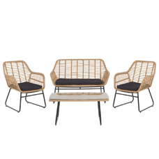 Lounge Set Rattan natürlich 4-Sitzer Auflagen schwarz MINORI