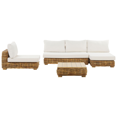 Lounge Set Rattan natürlich 4-Sitzer linksseitig Auflagen cremeweiss VARALLO