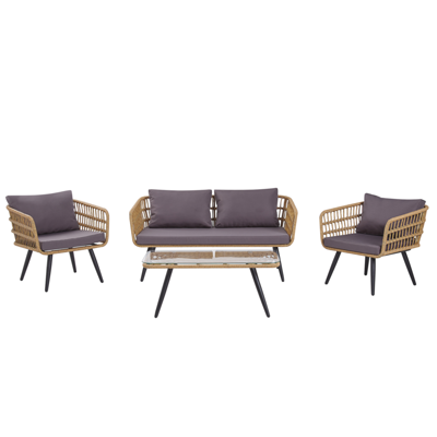 Lounge Set Rattan natürlich 4-Sitzer Auflagen graphitgrau FOBELLO