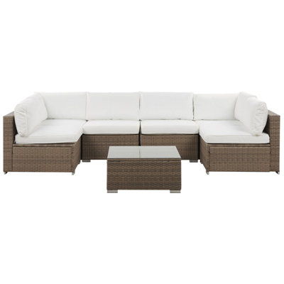 Lounge Set Rattan braun 6-Sitzer Auflagen weiss BELVEDERE