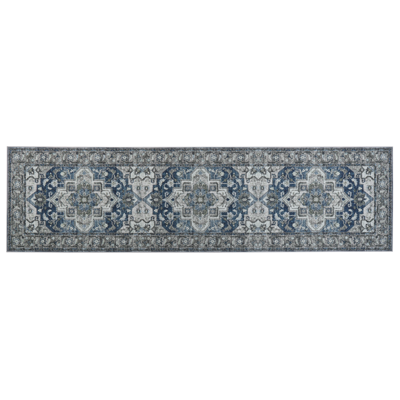 Teppich grau / blau 80 x 300 cm orientalisches Muster Kurzflor KOTTAR