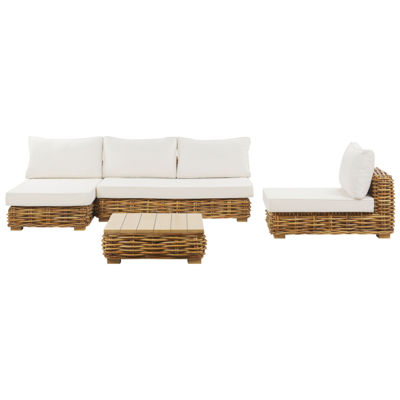 Lounge Set Rattan natürlich 4-Sitzer rechtsseitig Auflagen cremeweiss VARALLO